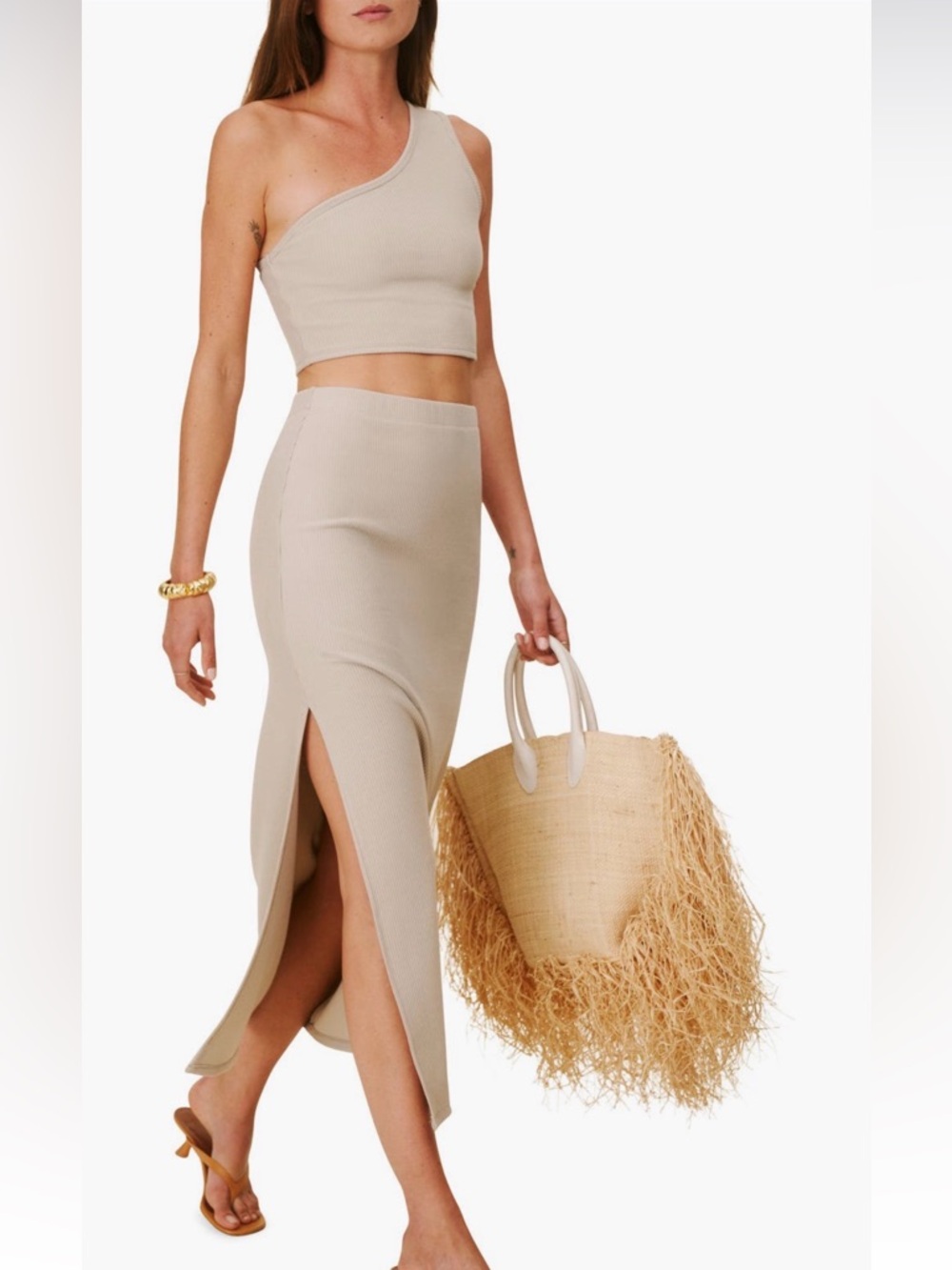 Reformation Francine One-Shoulder Rib Two-Piece Set Taupe Size M